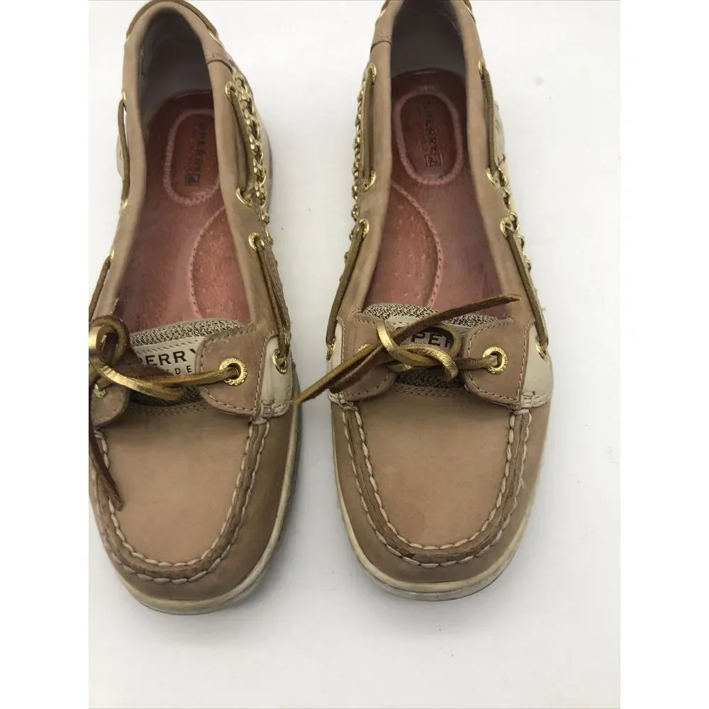 Sperry Top Sider Women's Tan Brown Leather‎ Chain Link Boat Shoes Size 7.5